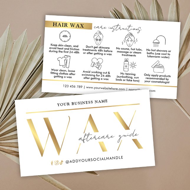 Modern Glam Gold Waxing Aftercare Instructions Business Card (elegant white and gold effect waxing after care instructions cards with icons
)