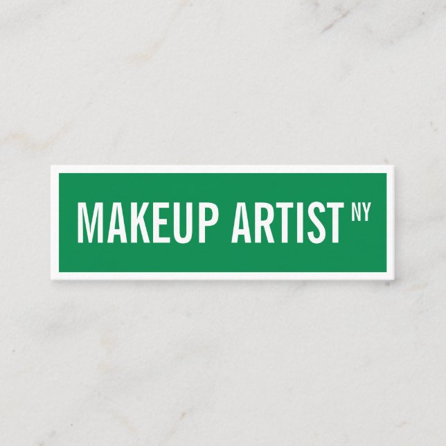 Modern glam green white street sign makeup artist mini business card (Front)