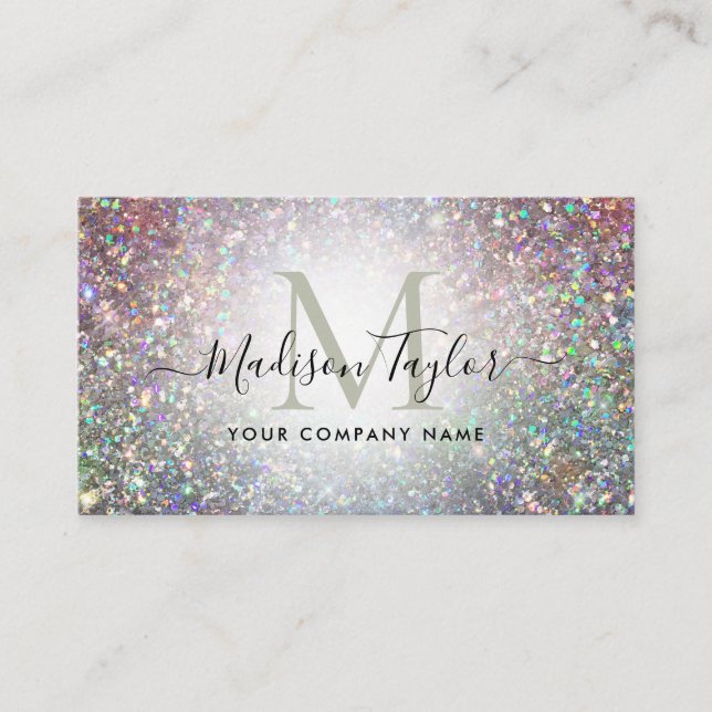 Modern Glam Holographic Glitter Sparkle Monogram Business Card (Front)