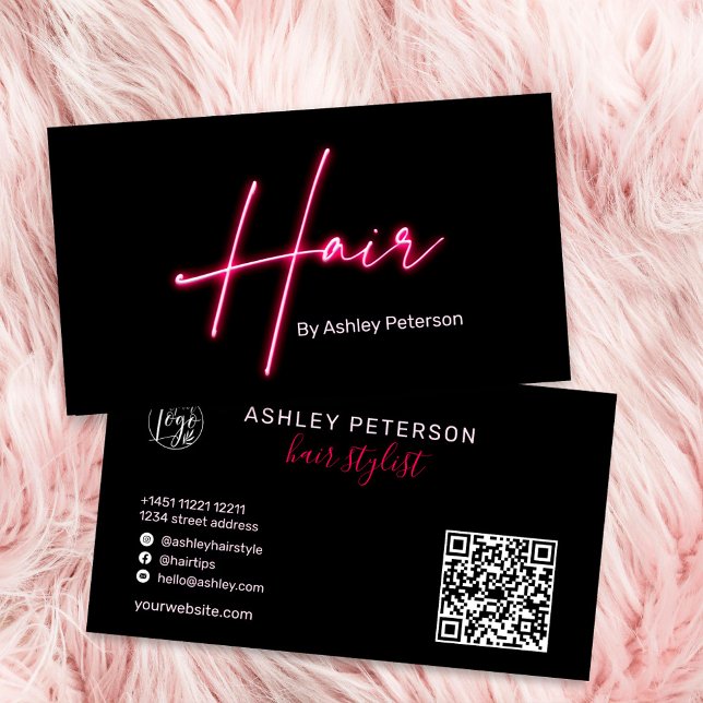 Modern glam pink neon hair script logo qr code business card (Creator Uploaded)