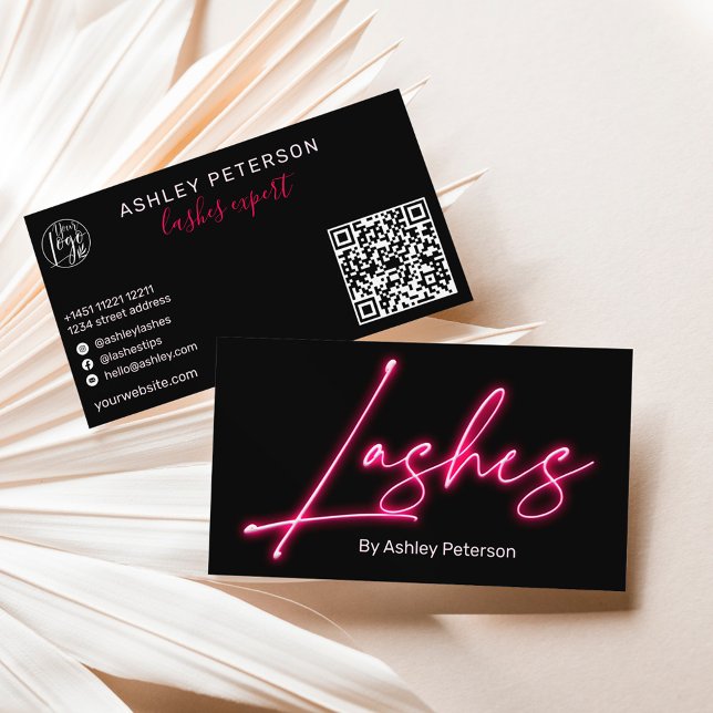 Modern glam pink neon lashes script logo qr code business card (Creator Uploaded)
