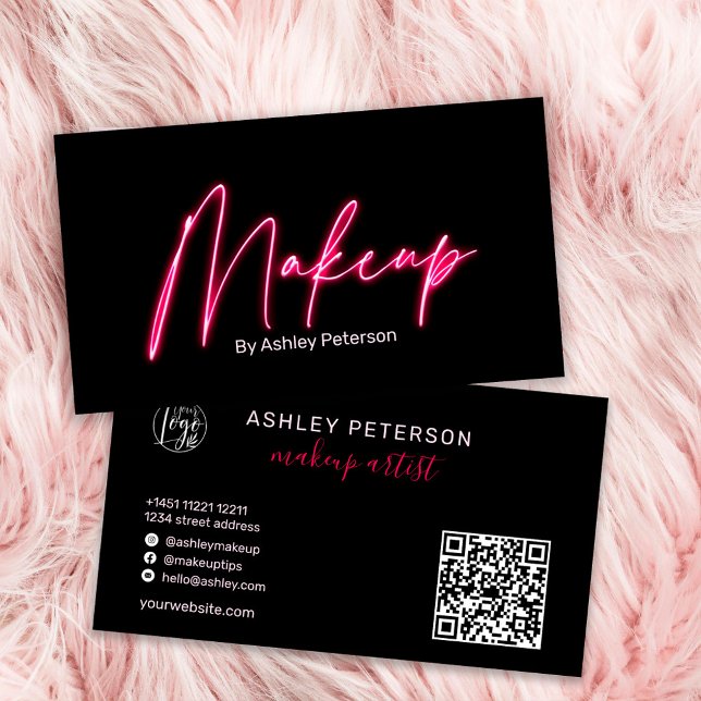 Modern glam pink neon makeup script logo qr code business card (Creator Uploaded)