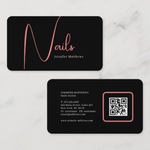 Modern glam pink neon nails script logo qr code business card