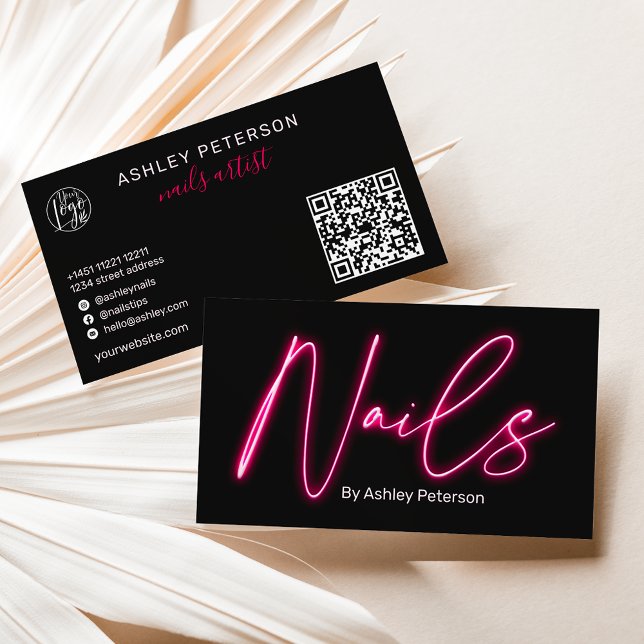 Modern glam pink neon nails script logo qr code business card (Creator Uploaded)