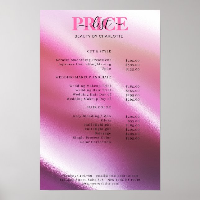 Modern Glam Price List Poster (Front)