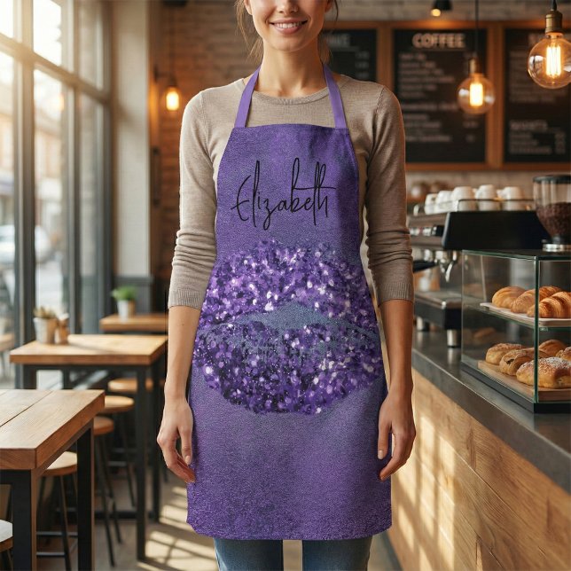 Modern Glam Purple Glittery Kiss Lipstick Imprint Apron (Creator Uploaded)