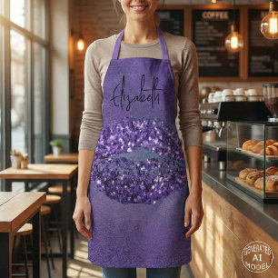 Modern Glam Purple Glittery Kiss Lipstick Imprint Apron