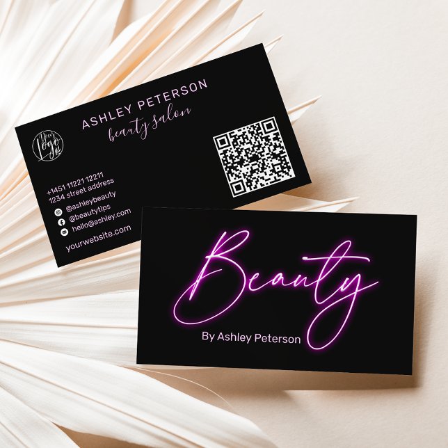 Modern glam purple neon beauty script logo qr code business card (Creator Uploaded)