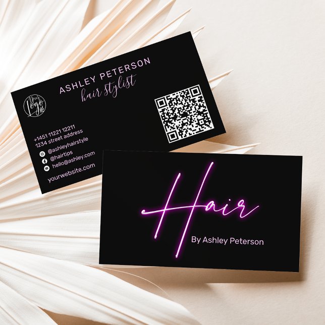Modern glam purple neon hair script logo qr code business card (Creator Uploaded)