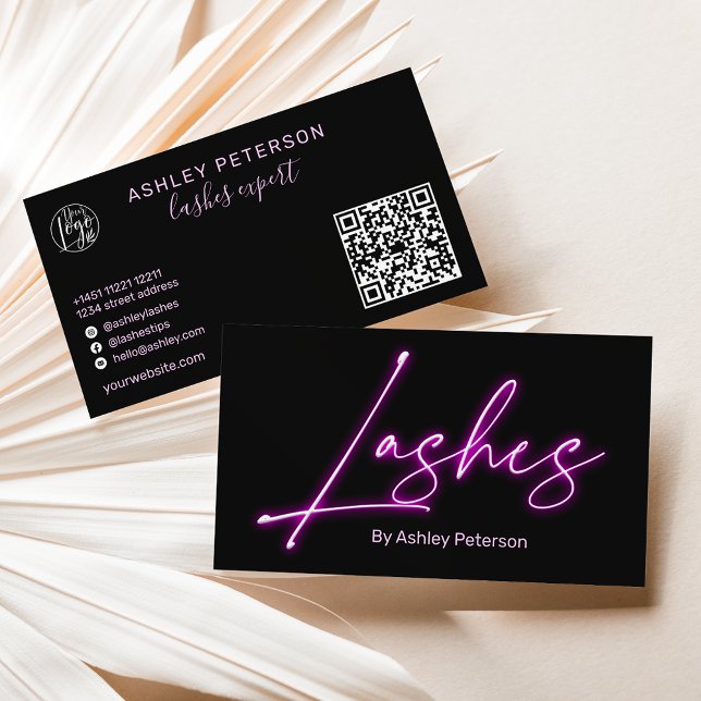 Modern glam purple neon lashes script logo qr code business card (Creator Uploaded)