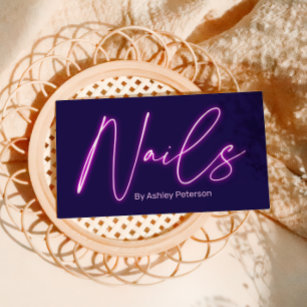 Modern glam purple neon nails script logo qr code business card