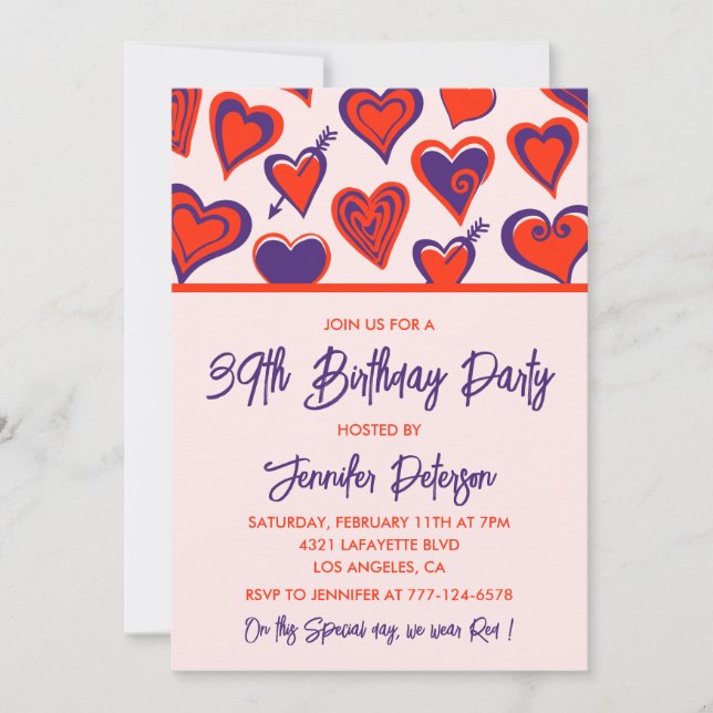 Modern Glam Red Pink Heart 39th birthday Invitation (Front)