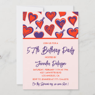 Modern Glam Red Pink Heart 57th birthday Invitation