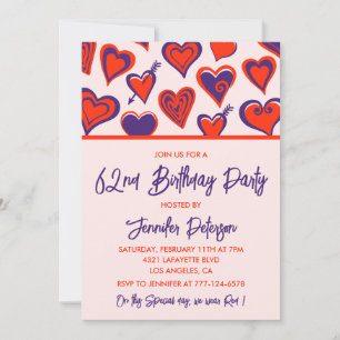 Modern Glam Red Pink Heart 62nd birthday Invitation