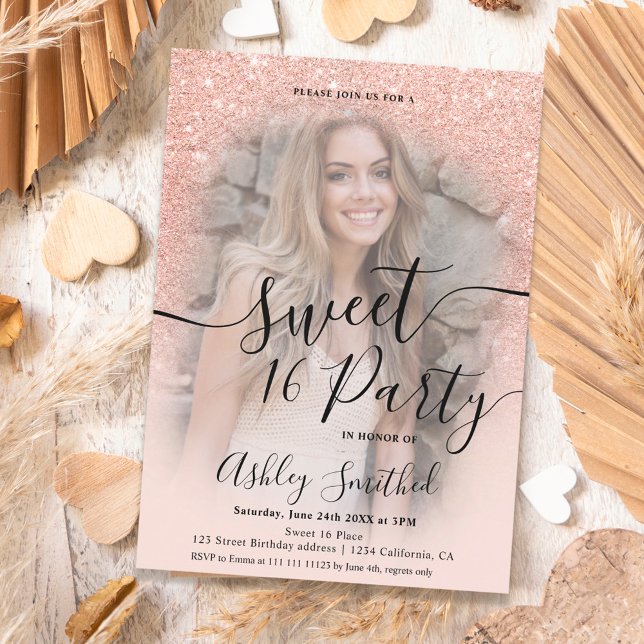 Modern glam rose gold glitter ombre photo Sweet 16 Invitation (Creator Uploaded)