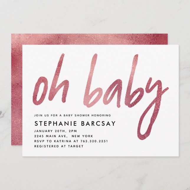 Modern Glam Rose Gold Oh Baby Shower Invitation (Front/Back)