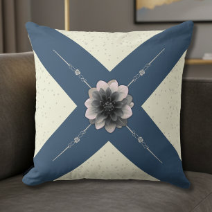 Modern Glam Slate Blue and Cream Dahlia Floral Cushion