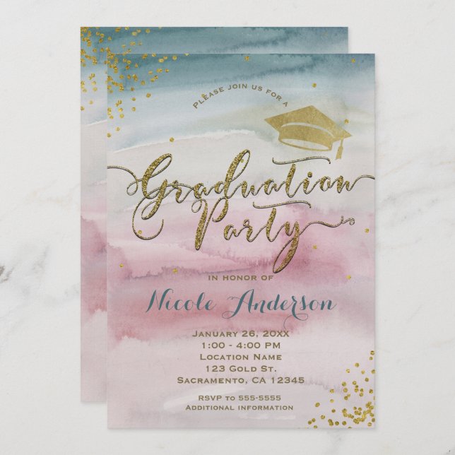 Modern Glam Watercolor & Gold Dot GRADUATION Party Invitation (Front/Back)