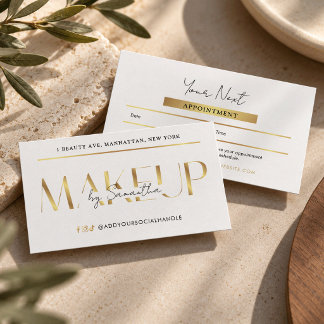 Modern Glam White & Gold Makeup Artist Salon Appointment Card