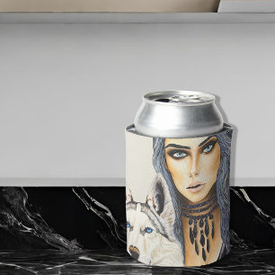 Modern Glam Woman & Husky Wolf Dog Can Cooler