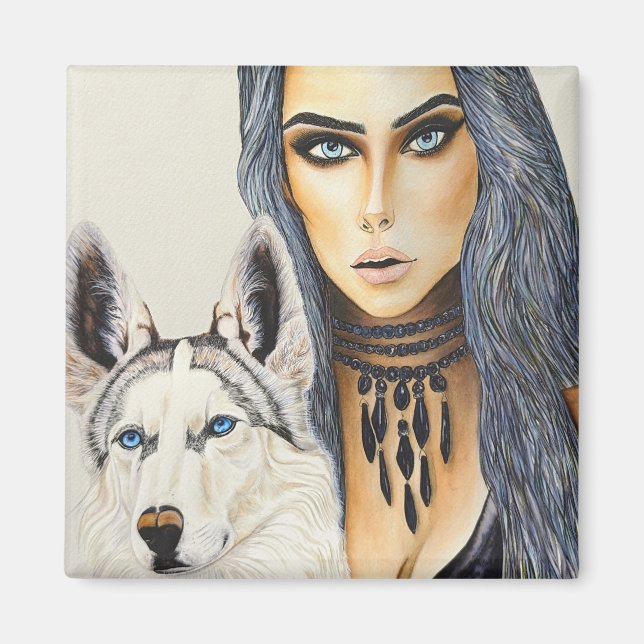 Modern Glam Woman & Husky Wolf Dog Magnet (Front)