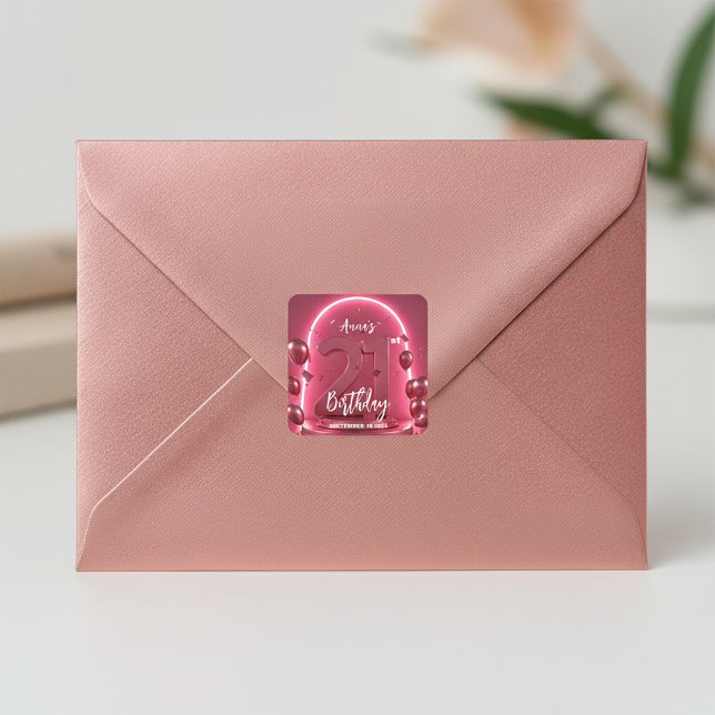 Modern Glamour 21st Birthday Neon Arch & Balloons Square Sticker (Creator Uploaded)