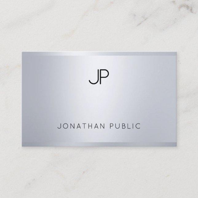 Modern Glamourous Silver Look Elegant Monogram Top Business Card (Front)