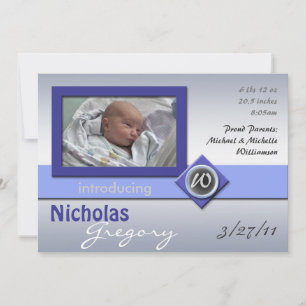 Modern Glass Monogram Blue Birth Announcements