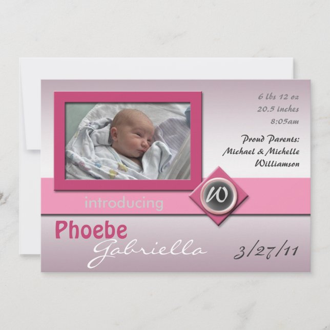 Modern Glass Monogram Pink Birth Announcements (Front)