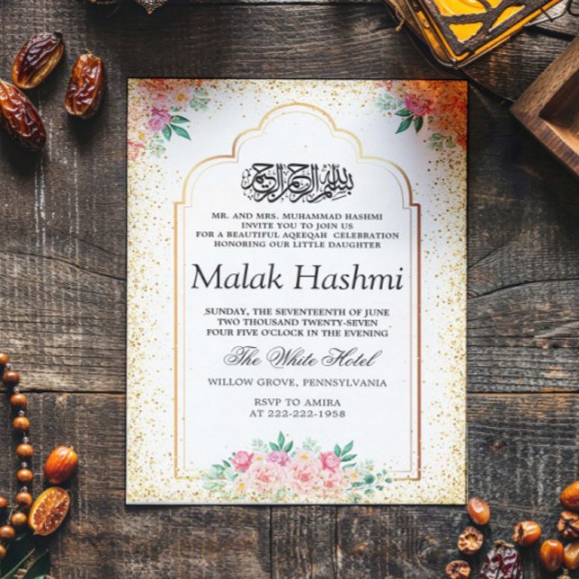 Modern Gliter Floral Baby Islamic Aqiqa Aqeeqah Invitation (Creator Uploaded)