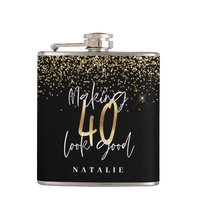 Modern glitter black and gold 40th birthday hip flask (Front)