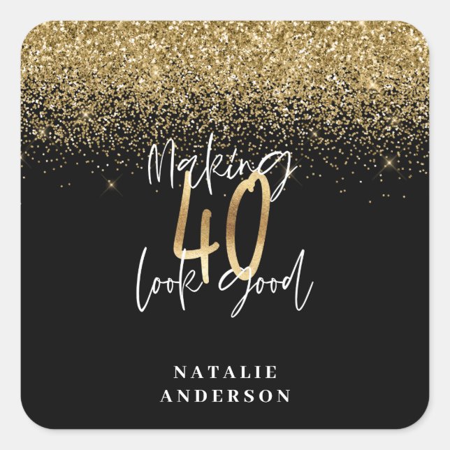 Modern glitter black and gold 40th birthday square sticker (Front)
