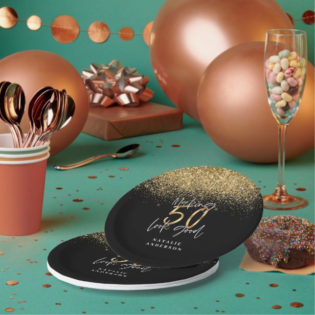 Modern glitter black and gold 50th birthday paper plate (Multi)