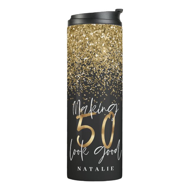 Modern glitter black and gold 50th birthday thermal tumbler (Rotated Left)