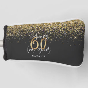 Modern glitter black and gold 60th birthday golf head cover