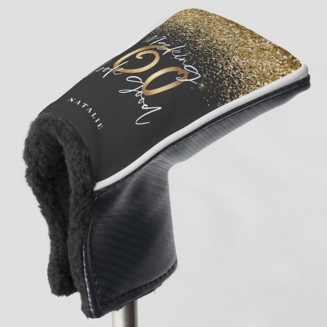 Modern glitter black and gold 60th birthday golf head cover (3/4 Front)