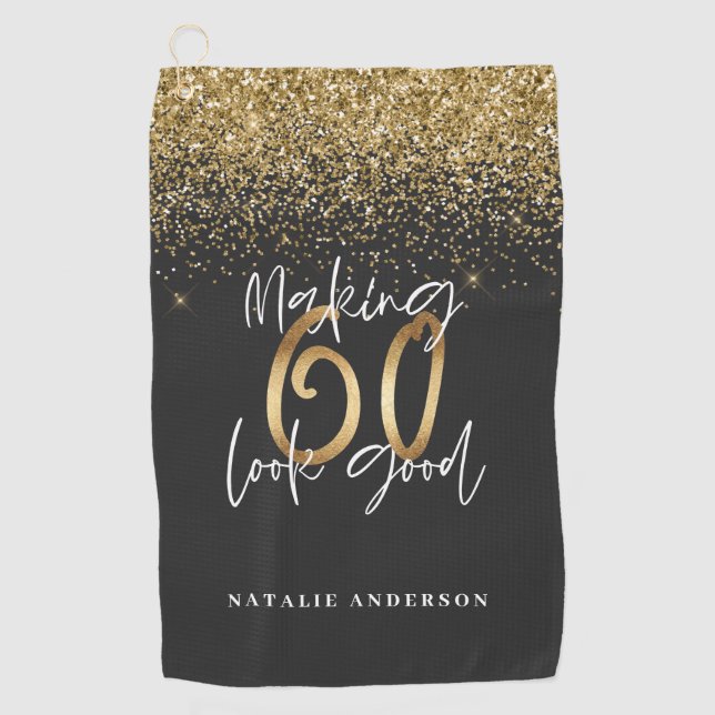 Modern glitter black and gold 60th birthday golf towel (Front)