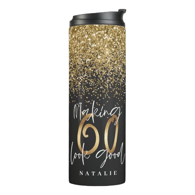 Modern glitter black and gold 60th birthday thermal tumbler (Rotated Left)