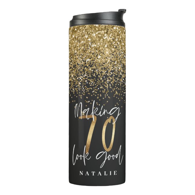 Modern glitter black and gold 70th birthday thermal tumbler (Rotated Left)