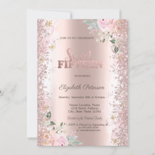 Modern Glitter Confetti Rose Gold Roses 15th Invitation