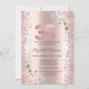 Modern Glitter Confetti Rose Gold Roses 35th  Invitation