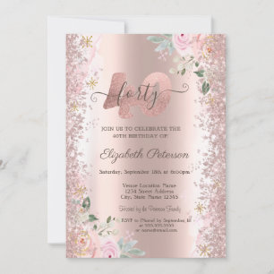 Modern Glitter Confetti Rose Gold Roses 40th  Invitation
