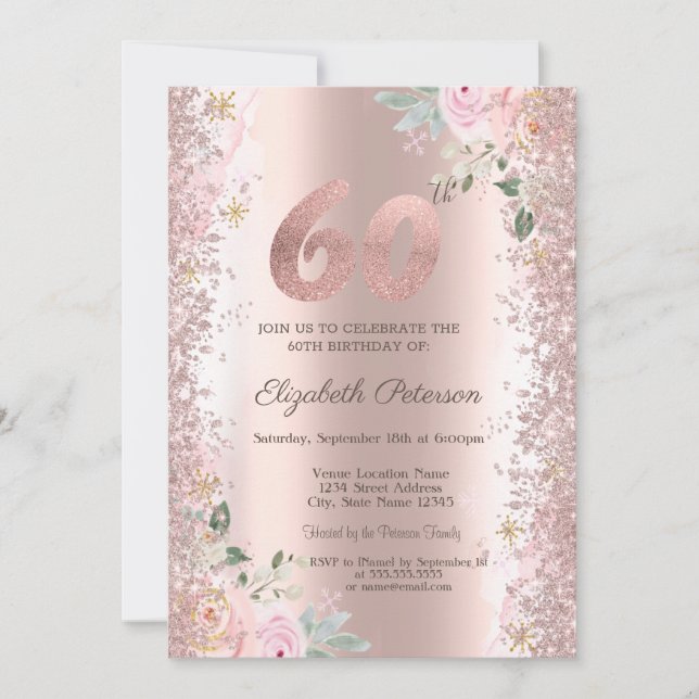 Modern Glitter Confetti Rose Gold Roses 60th  Invitation (Front)