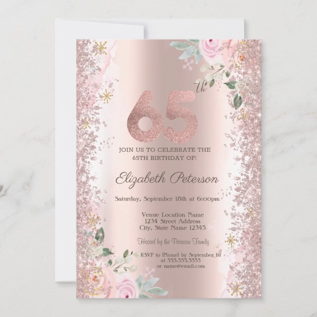 Modern Glitter Confetti Rose Gold Roses 65th  Invitation (Front)