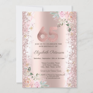 Modern Glitter Confetti Rose Gold Roses 65th  Invitation