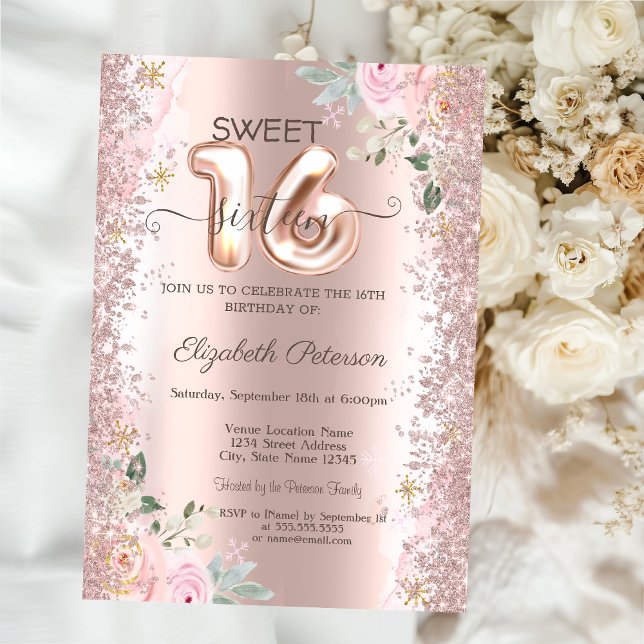 Modern Glitter Confetti Rose Gold Roses Sweet 16 Invitation (Creator Uploaded)