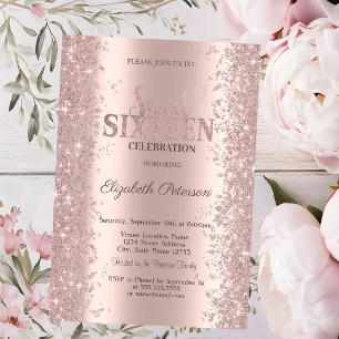 Modern Glitter Confetti Rose Gold Sweet 16 Invitation