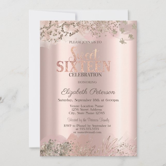 Modern Glitter Diamonds Rose Gold  Sweet 16  Invitation (Front)