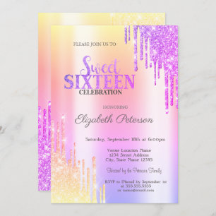 Modern Glitter Drip Ombre Violet Drips Sweet 16 Invitation