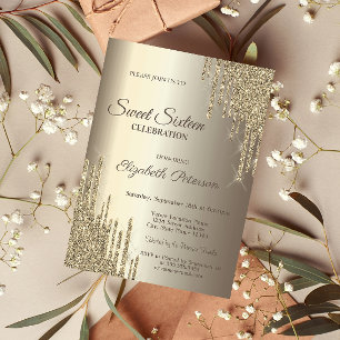 Modern Glitter Drips Champagne Gold  Sweet 16 Invitation